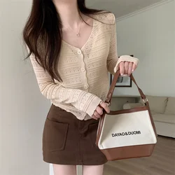 Womens Crochet Top Sheer Open-knit Long Sleeve Button Front Hollow-out Cardigan Spring Summer Casual Outfit