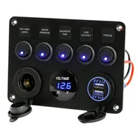 Boat Switch Panel Car Switch Panel Waterproof Digital Dual USB Voltmeter Port 12V Outlet Combination Marine LED Rocker 5 Gang