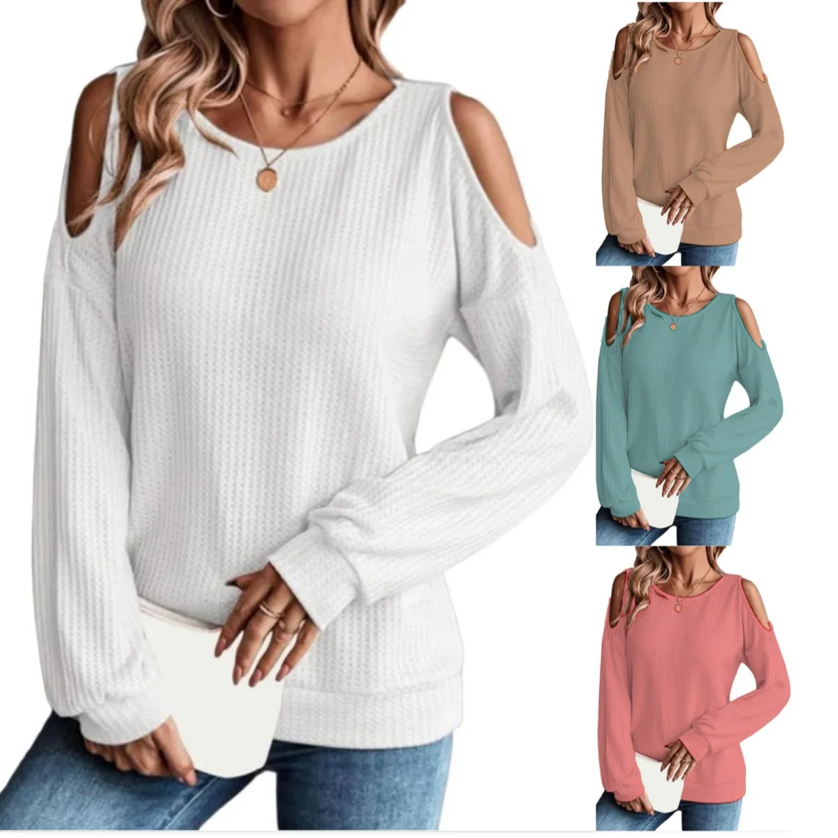 

2026 Women's Spring and Autumn New Fashion Daily Comfortable Waffle Off-Shoulder Loose Long-Sleeved Bottoming Tops for Women