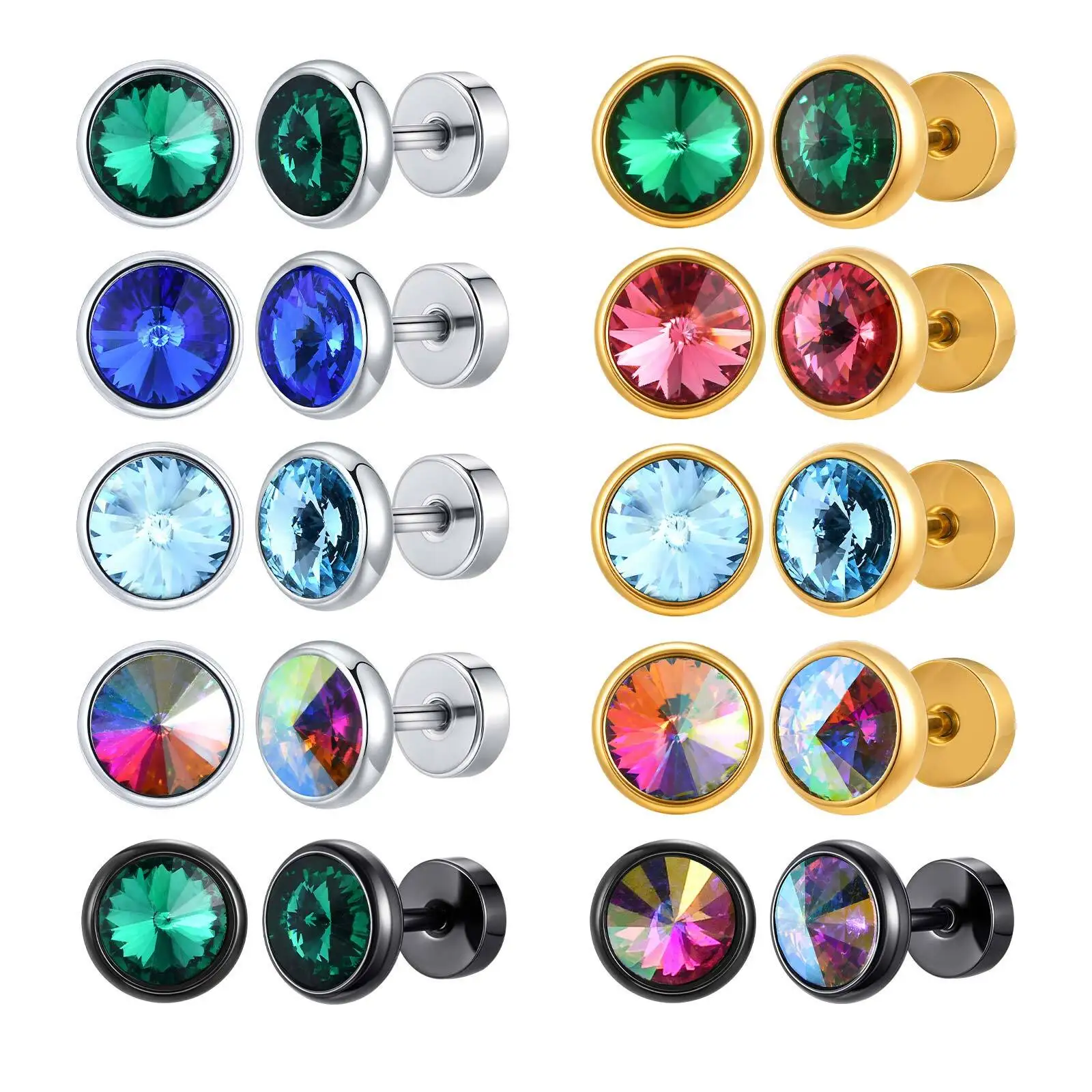 Vnox Stainless Steel Zircon Earrings for Men, 8mm Wide Multi-faceted Screw Back Stud, Hypoallergenic Spiral Barbell Earrings New