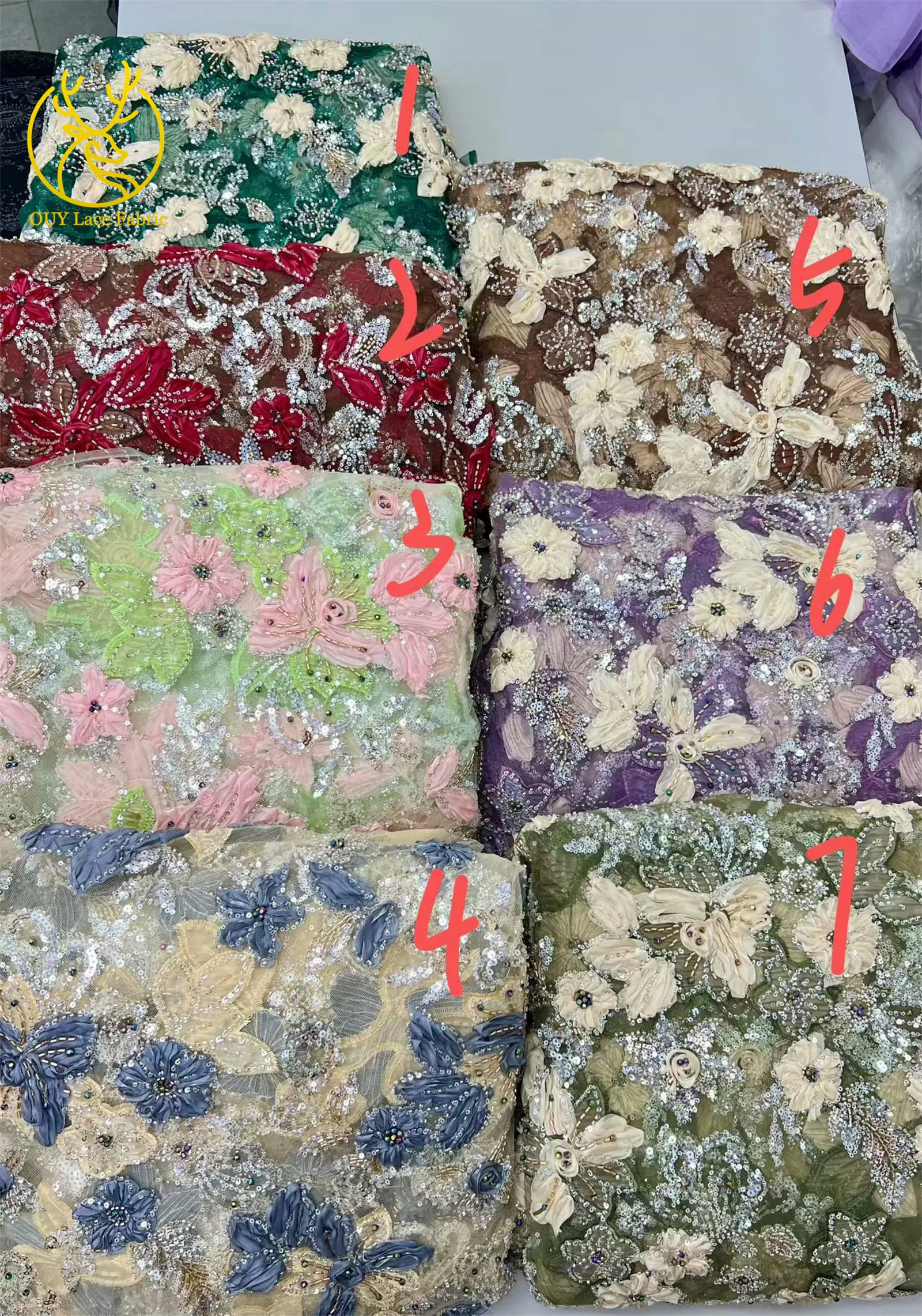 Eleganter 3D-Blumen-Spitzenstoff mit afrikanischen Perlen, französischer nigerianischer Pailletten-Mesh-Tüll-Spitzenstoff für Hochzeits- und Partykleider, Nähen, 5Y – Detail 12