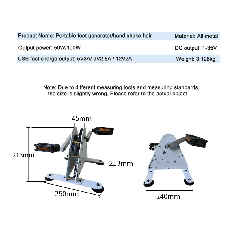 50W/100W Portable Pedal Hand Generator Fitness Rehabilitation Training Equipment Spinning Bike DC Output 1-35V USB Fast Charging