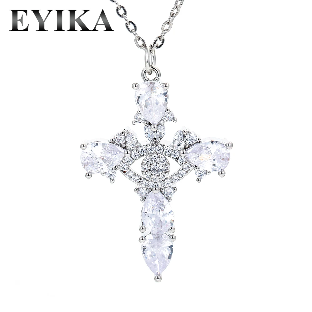 EYIKA Big Pear Cut Clear Zircon Gold Silver Color Cross Evil Eye Pendant Necklace for Women Punk Style Prayer Jewelry Gifts