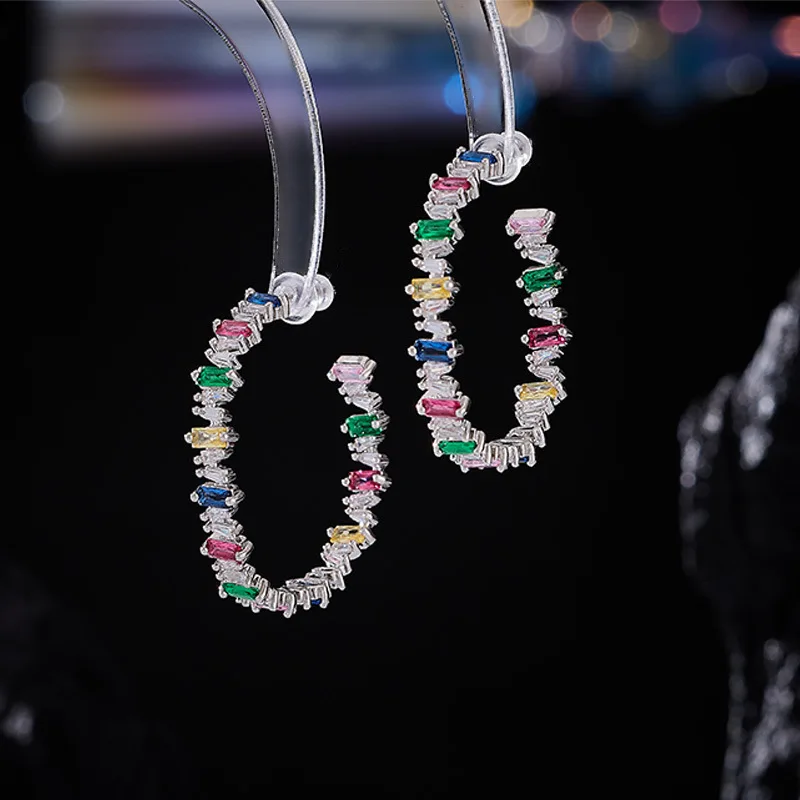 

2025 Colorful C-ring earrings, elegant candy square zircon, irregular colored zircon inlaid s925 silver needle earrings