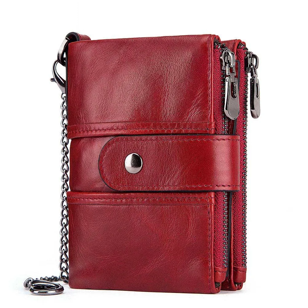 

RFID anti-theft cash leather multi-functional zipper wallet with chains retro cowhide men's short purse coin wallet drop ship