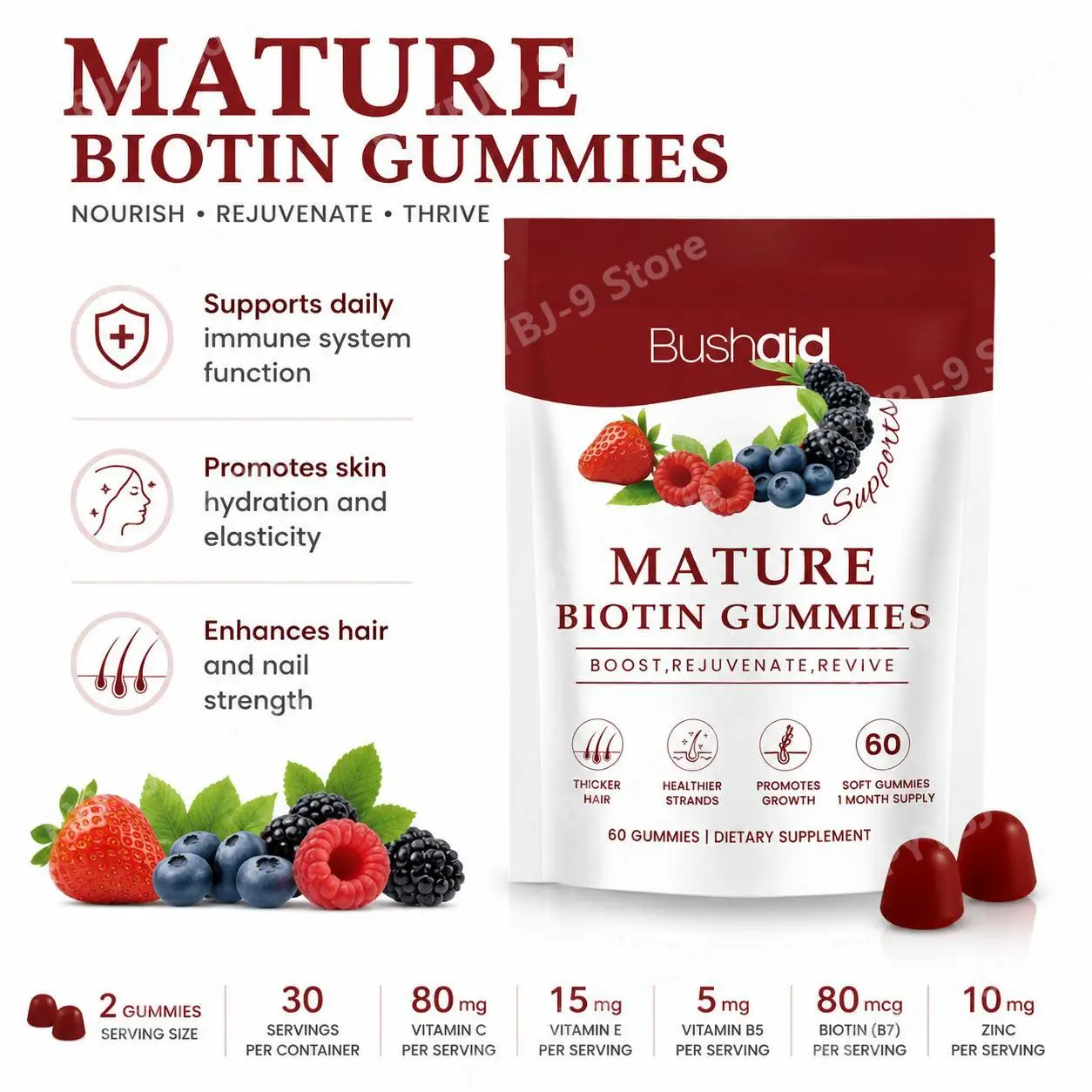 BushAid Biotin Gummies for Hair and Nail Strength with Daily Immune Support and Skin Hydration and Elasticity, 60 Gummies