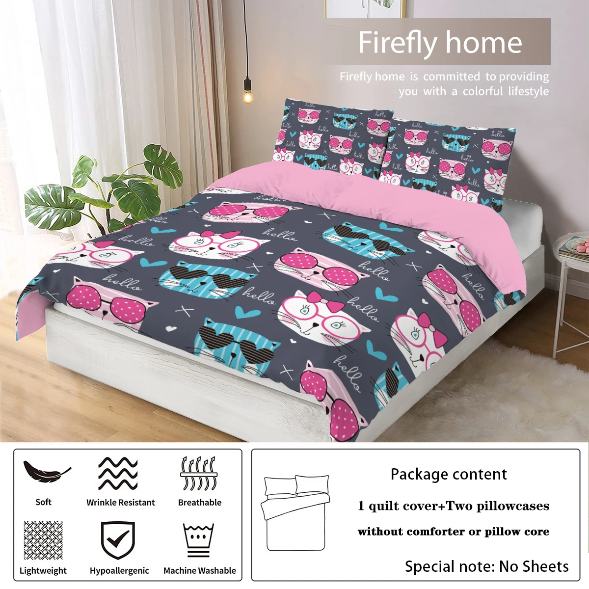 3 pieces of down set with gray cat print pattern (1 down duvet cover+2 pillowcases, no core), comfortable bedroom bedding