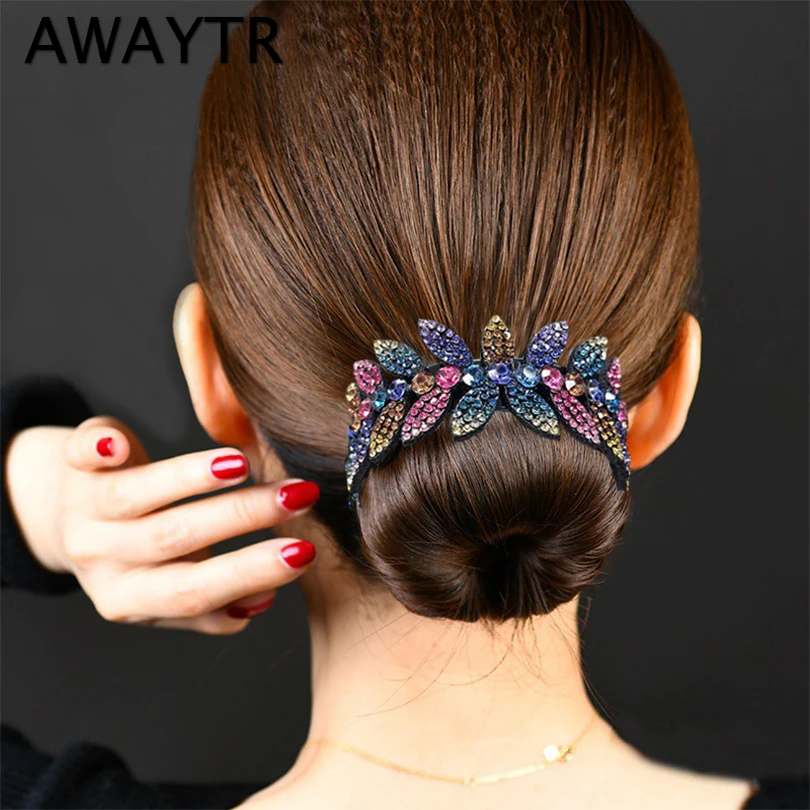 AWAYTR moda Rhinestone pazury do włosów kucyk Holder szpilka kobiety kryształowe ptasie gniazdo Twist klip kok klips do włosów akcesoria do włosów