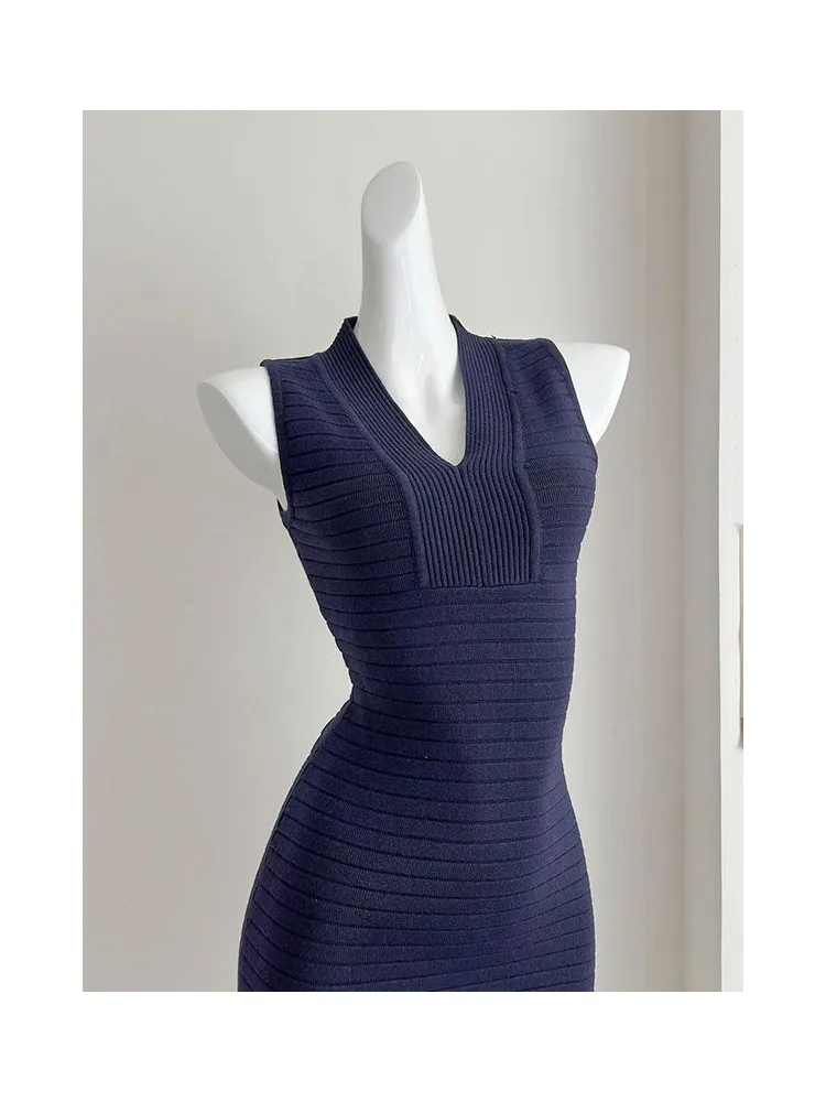 กระโปรงทรงสลิมฟิตเซ็กซี่ V-Ne ถัก Dr เอวสูงฤดูร้อนใหม่ Sle Ladylike Sle ห่อรอบ Bodycon Dr