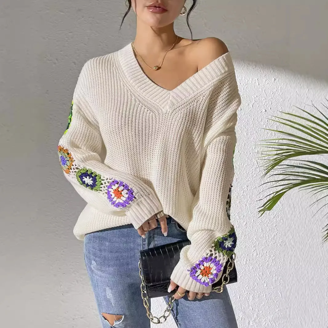 Loose Casual V-Neck Pullover Sweater Women's Autumn Winter Random Color Block Hand Crocheted Flower Design Comfortable Knitwear