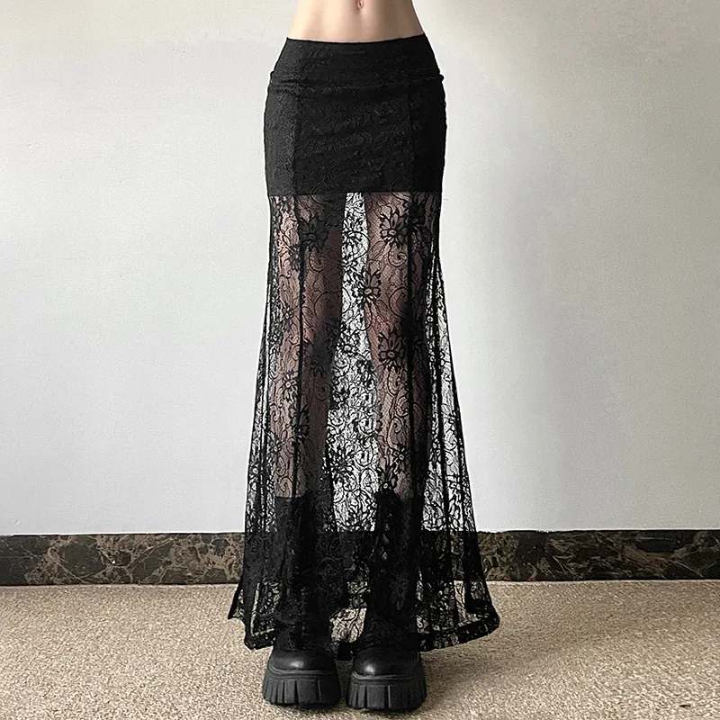 Gothic black long skirt women clothes summer lace mesh see through slim maxi skirt transparent A-line split side open streetwear