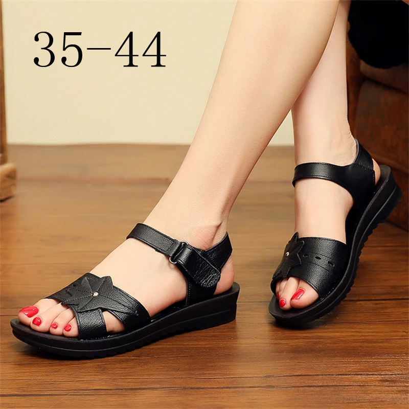 Women Sandals Pu Leather Hollow Out Comfort Flats Solid Color Bow-Knot Mother Shoes Fashion Loafers Casual Sandalias De Mujer W