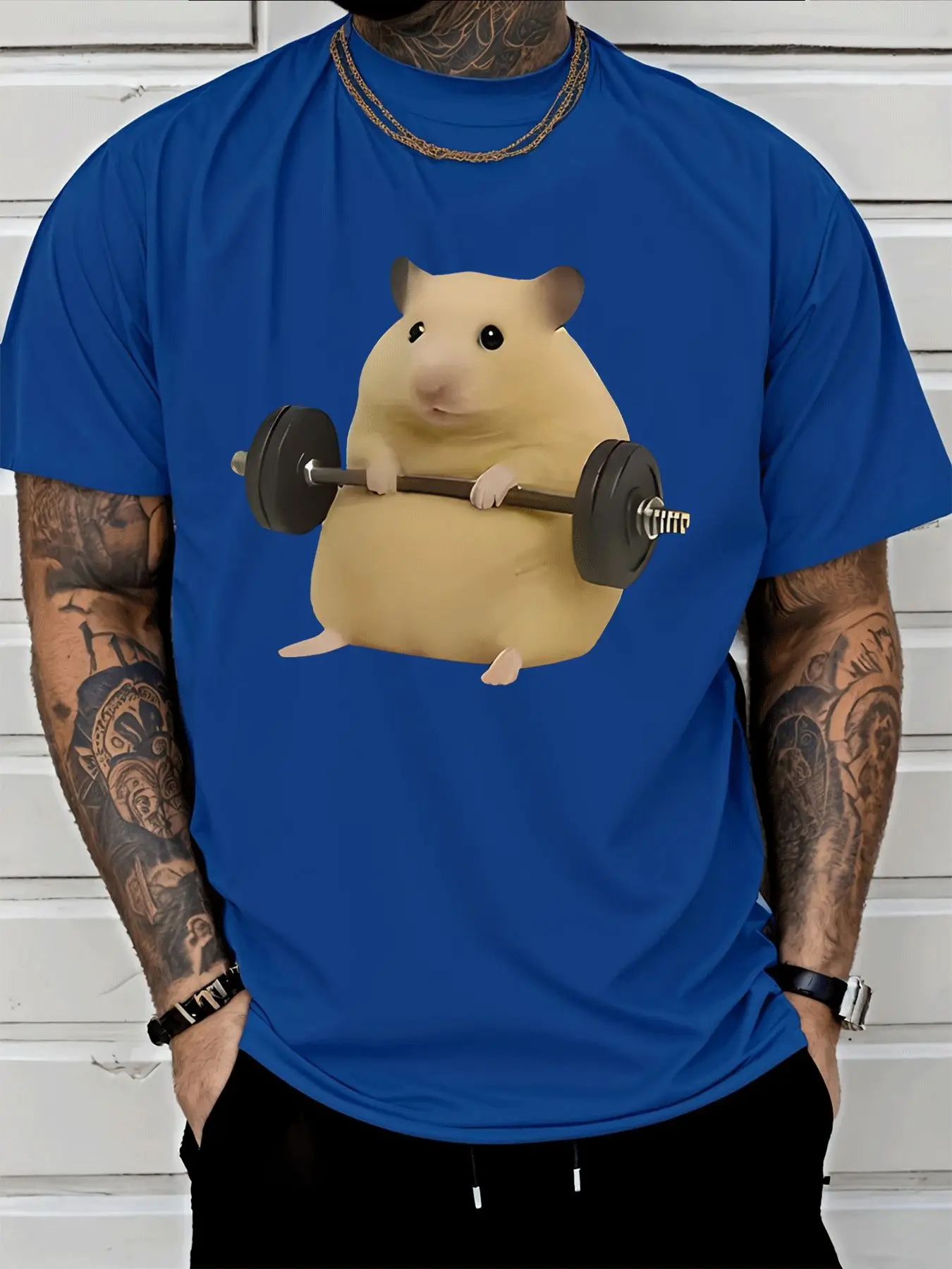 Cute Weightlifting Hamster Mens Front Print T Shirt Funny Gym Animal Graphic Tee Casual Short Sleeve Top Fitness Lover Gift