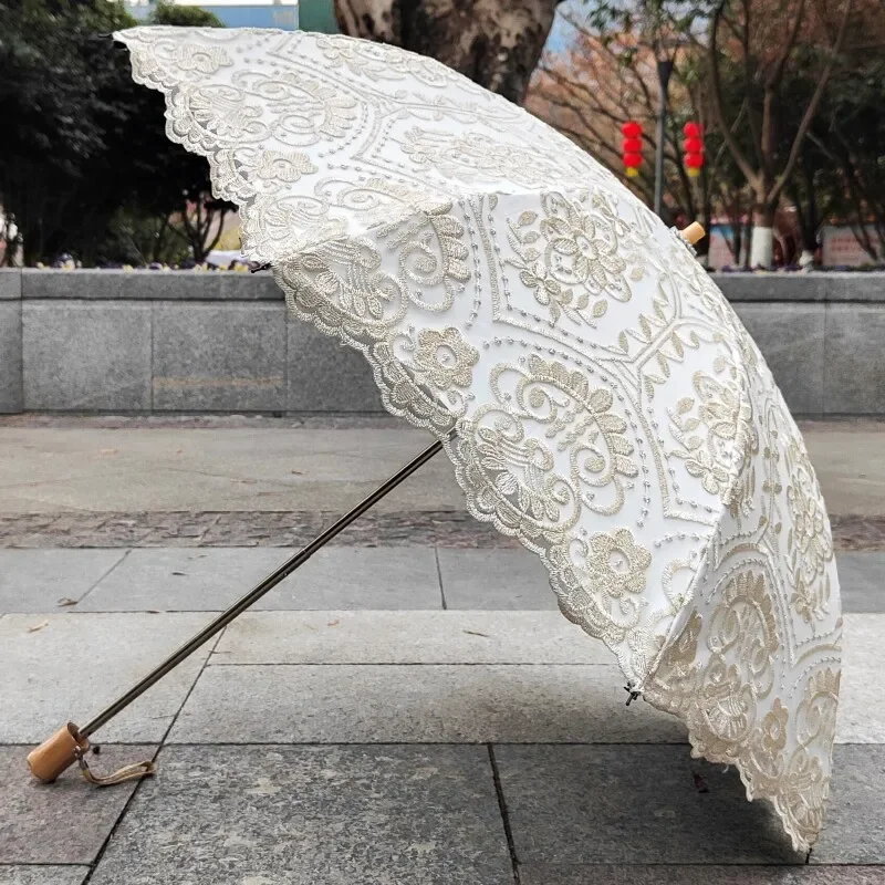 High-grade heavy industry embroidered flower sun umbrella gold black UV protection sunscreen vinyl double-layer umbrella