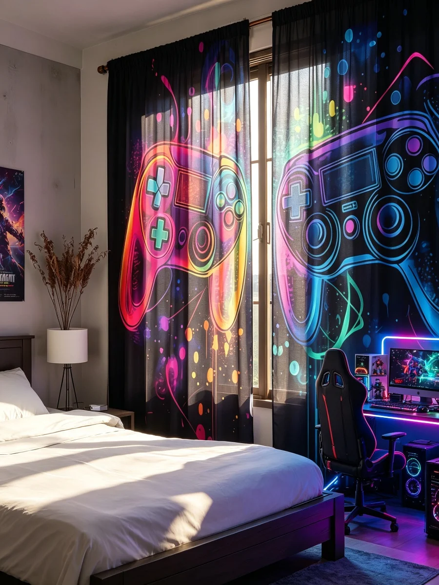 2PCS Neon Game Controller Print Curtains, Colorful Gaming Gamepad Pattern Window Drapes for Bedroom Living Room Gamer Room Decor
