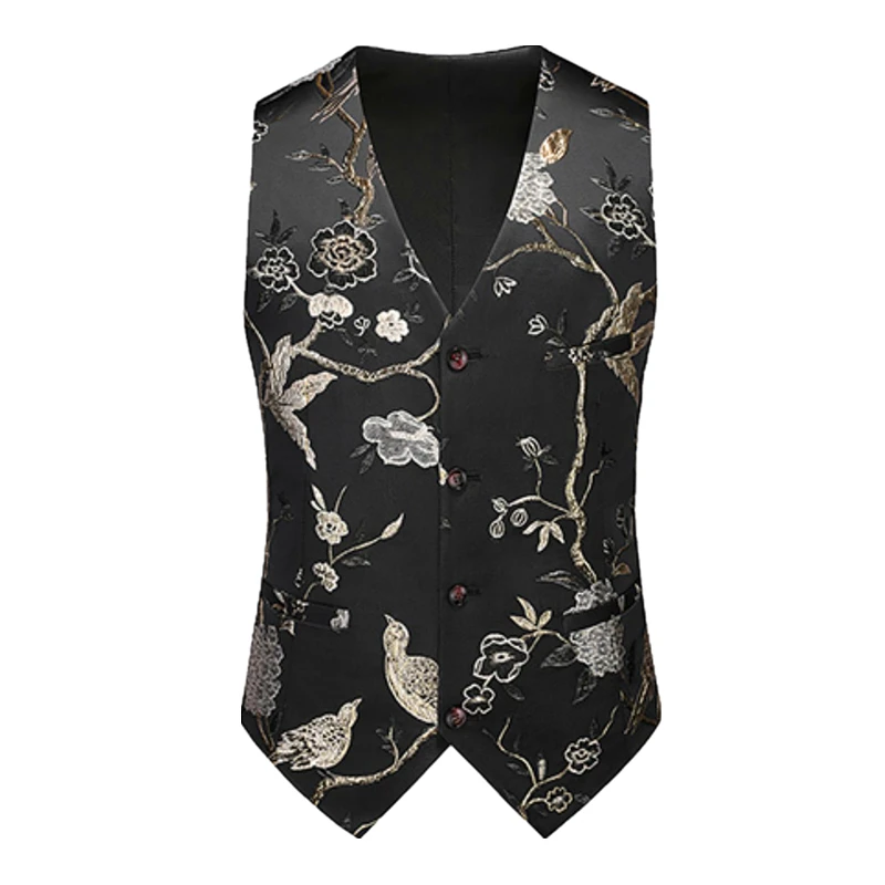 Luxury Embroidered Sleeveless Vest Jacket Men\'s, Single-breasted V-neck Flower Vests, Fashion Slim Waistcoat M-5XL 6XL