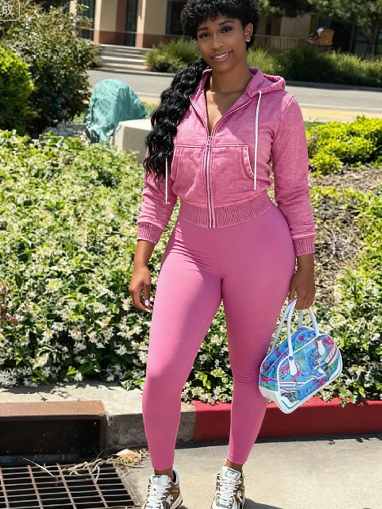 

Nibber Autumn Trend 2Piece Set Woman Drawstring Simple Washed Style Hooded Jacket+Solid Yoga Pants Daily Casual Sporty Tracksuit