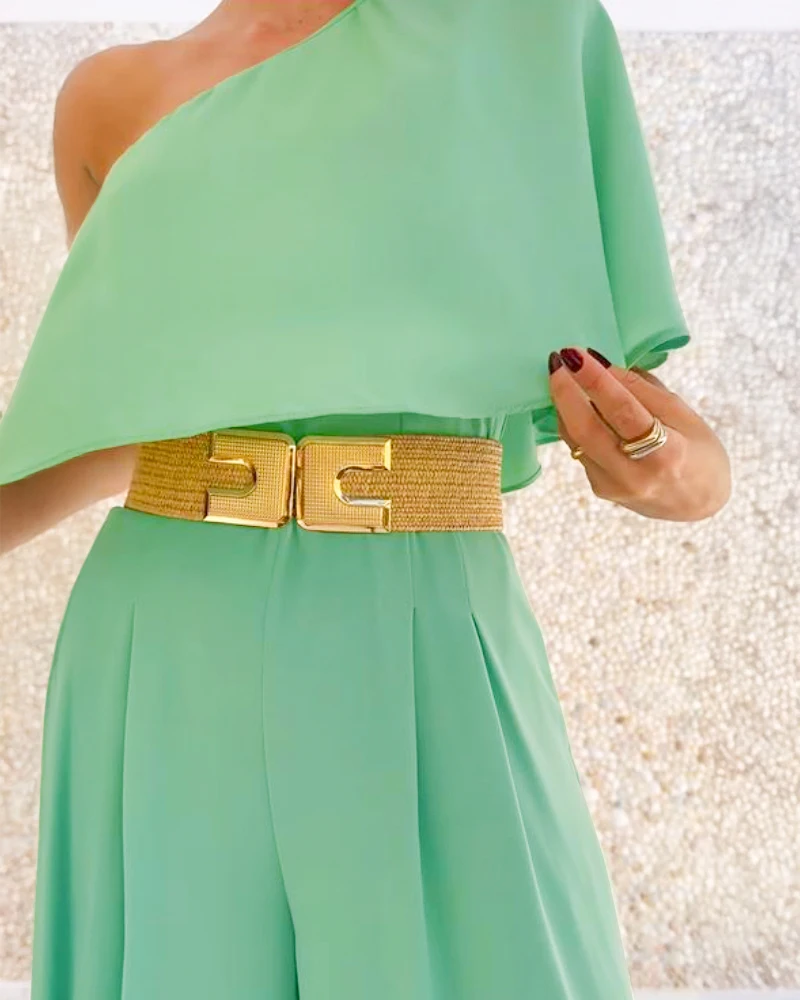

New Product Fashion Women's One Shoulder Ruffles Jumpsuit, Stylish Silhouette, Belted Detail