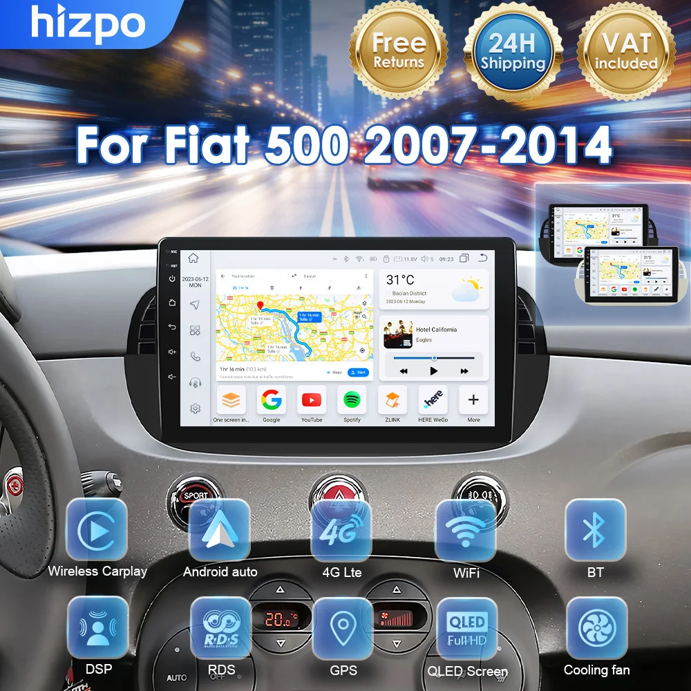 Hizp Autoradio Android All-in-One da 9 pollici con GPS per Fiat 500 2007-2014, Lettore Multimediale Video 2DIN, Autoradio DSP Carplay Stereo RDS