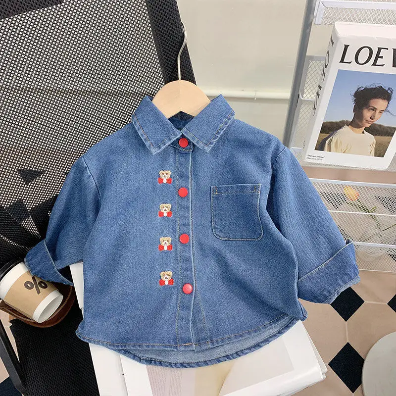 Camisa jeans bordada infantil, Tops com padrão de urso, camisas jean, fofas, princesa, casual, meninas, nova chegada, outono, inverno, 2022