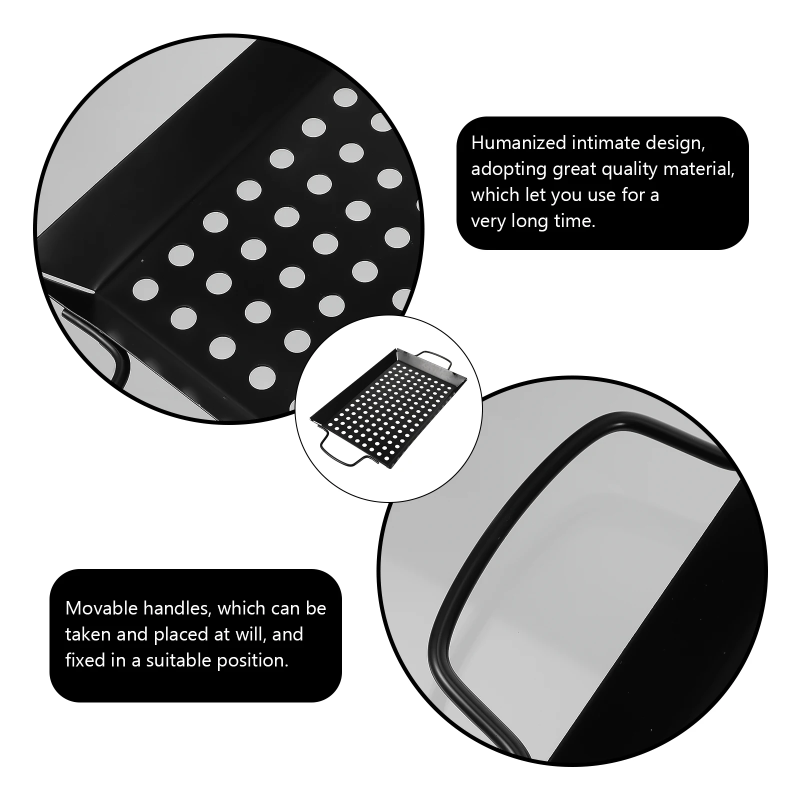 

Grill Tray with Hole Carbon Steel BBQ Plate Outdoor Grilling Pan Baking Chicken Steak Vegetables Movable Handle Lightweight