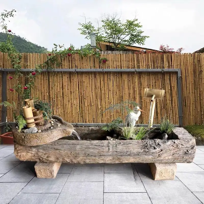 Imitation wood stone trough fountain courtyard bamboo flowing water ornament garden restaurant