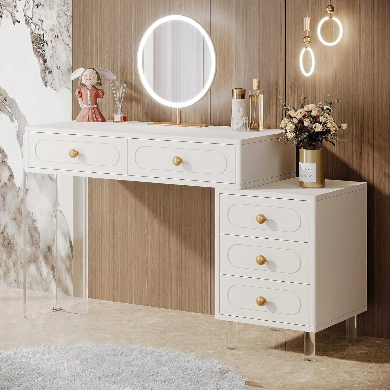 Tribesigns Modern Vanity Desk With 5 Drawers, Extendable White Makeup Vanity With Acrylic Base And Legs, Small Dressing Table