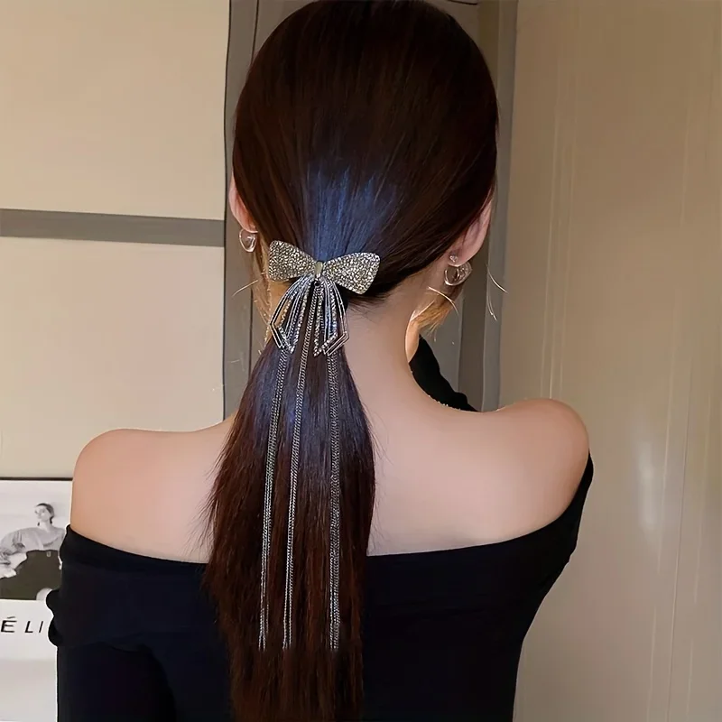 1 piece girls super fairy beauty senior sense of diamond bow tassel hair clips female back of the head half tie hair spring clip