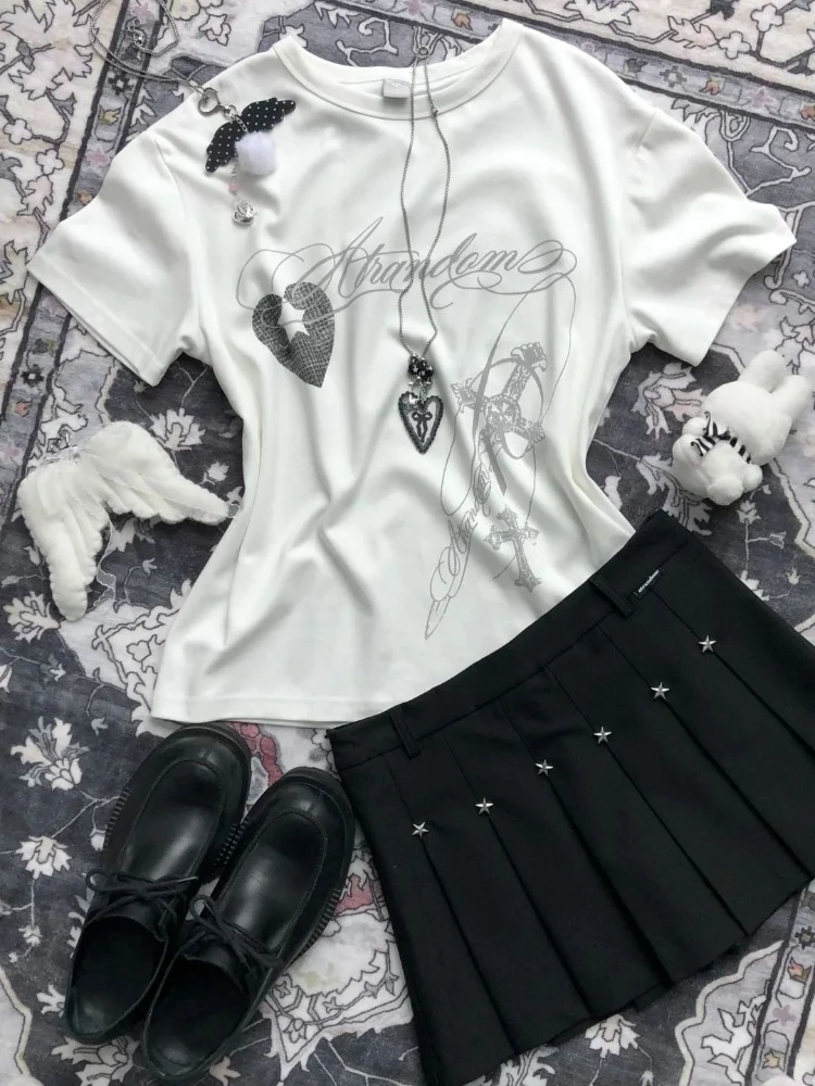 

Japanese Subculture Vintage Short Sleeve T-Shirt Women Casual Y2k Retro Bodycon Top Harajuku Letter Print Spring Summer