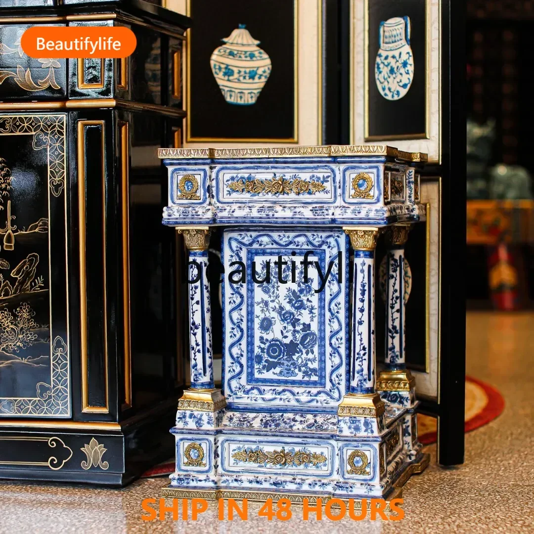 

European-style villa luxury classical art hand-painted porcelain inlaid copper pier vase rack cabinet FH