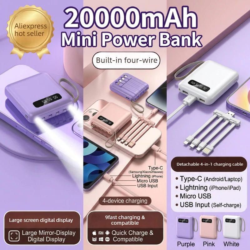 

Mirror Panel Mini Power Bank 20000mAh Quick Charge Built-in Cable Portable External Battery For iPhone Xiaomi Samsung