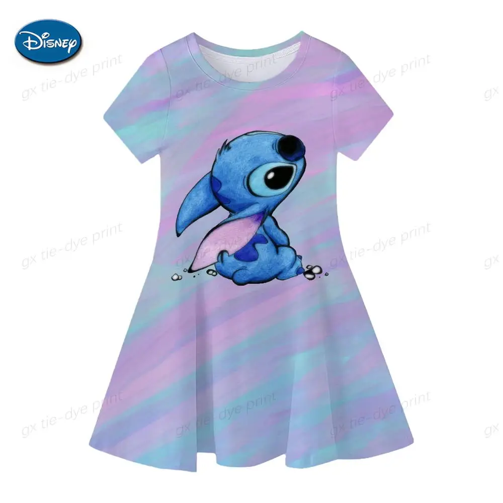 Vestido de manga corta con estampado de Stitch para niña, ropa de princesa, informal, diario, Verano