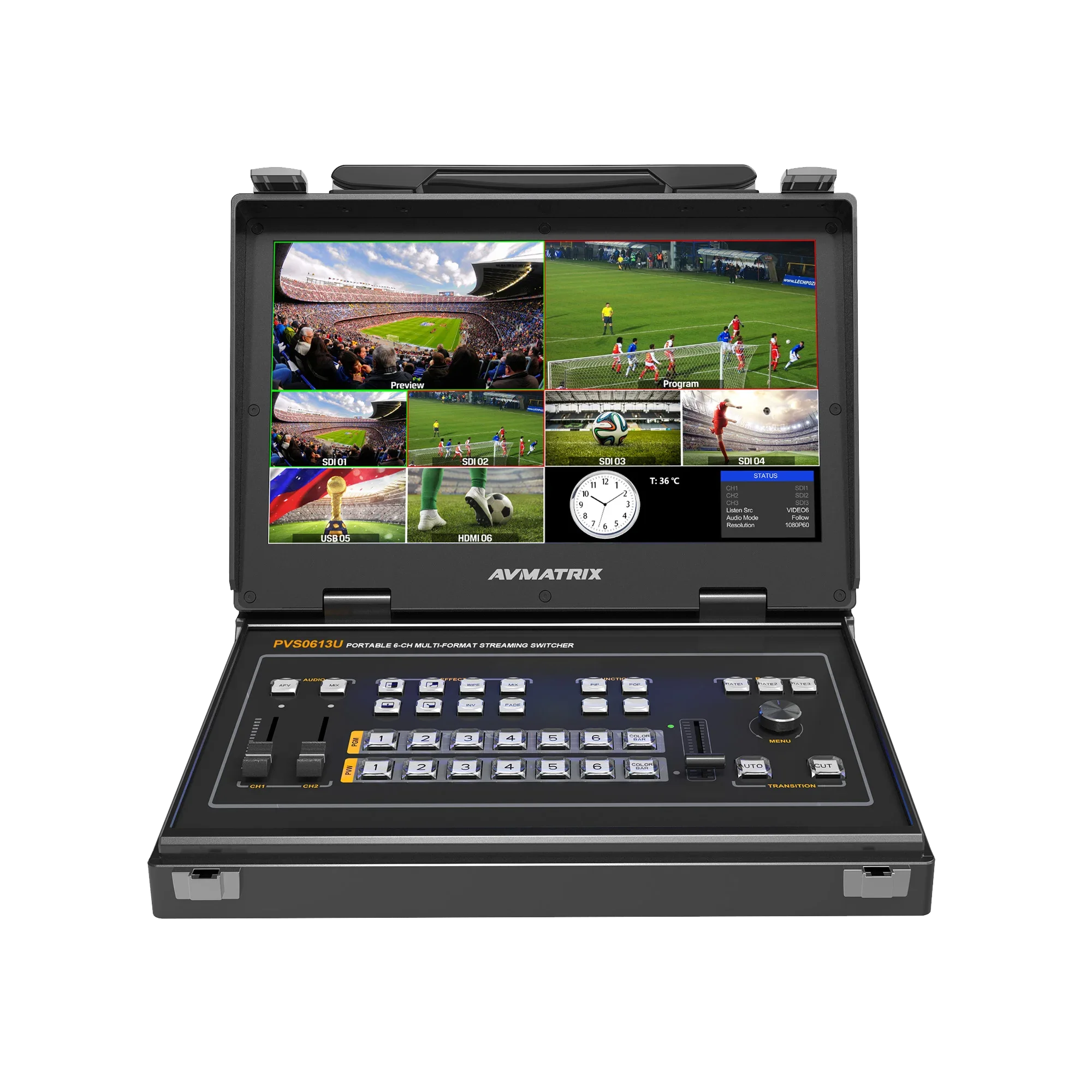 

PVS0613U 13,3-дюймовый портативный 6-канальный Full HD 1080p Hdmi видеопереключатель микшер для потоковой передачи в реальном времени Multi SDI камера