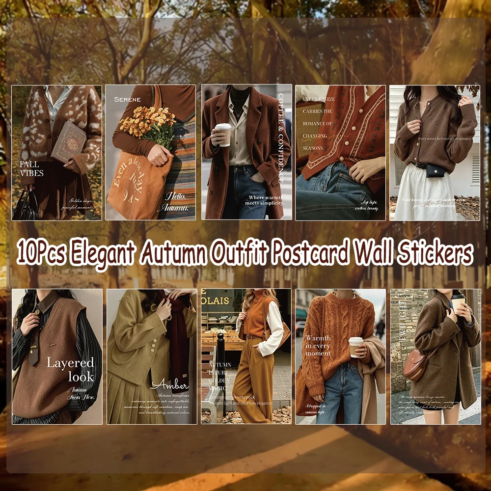 10Pcs Retro Autumn Women Fashion Outfit Postcard Wall Stickers, Warm Tone Fall Dressing Look Art Collage Poster, Aesthetic Photo
