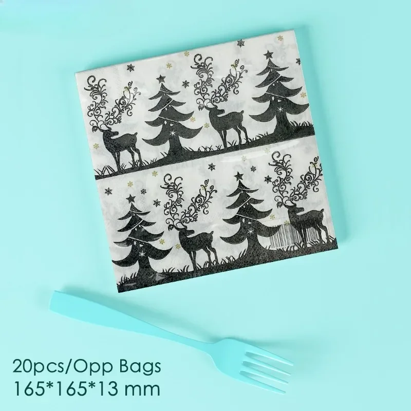 20pcs 33cm 2Layer Black and White Christmas Tree Printed Napkins Party Table Paper Decorative Painting Paper DIY Decoupage Paper