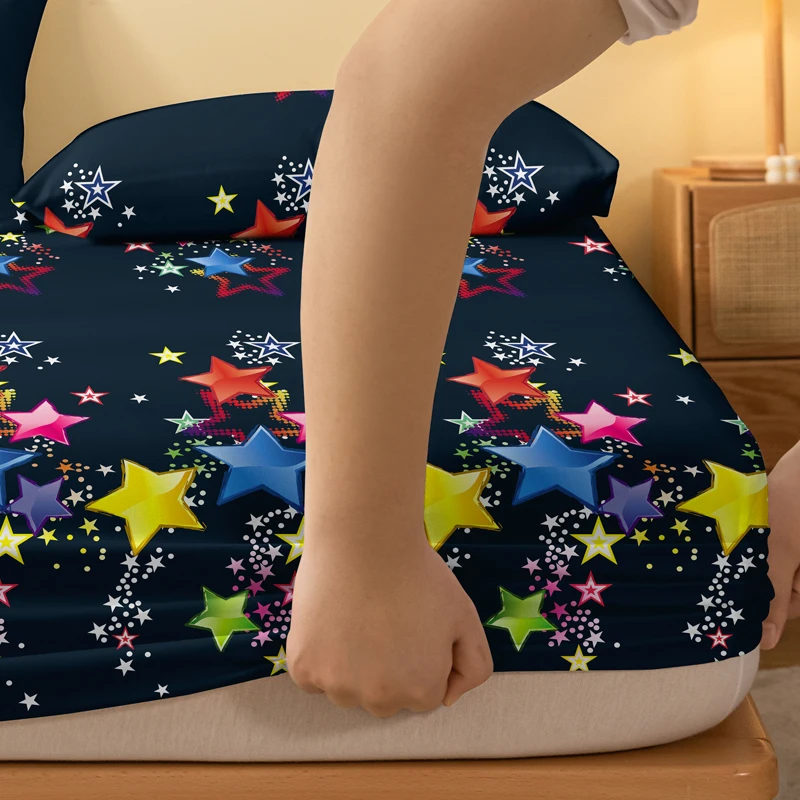 1 piece of matte bedsheet with scattered patterns of colorful stars, bedroom printed bedspread, bedding (excluding pillowcases)