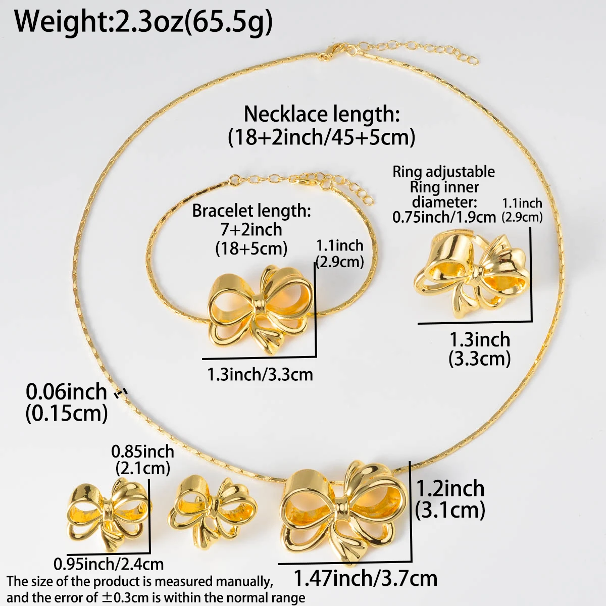 Gold Plated 3D Bowknot Necklace Bracelet Ring Earrings 4Pcs Set Girls Luxury Style Party Jewelry Gift for Valentine Birthday