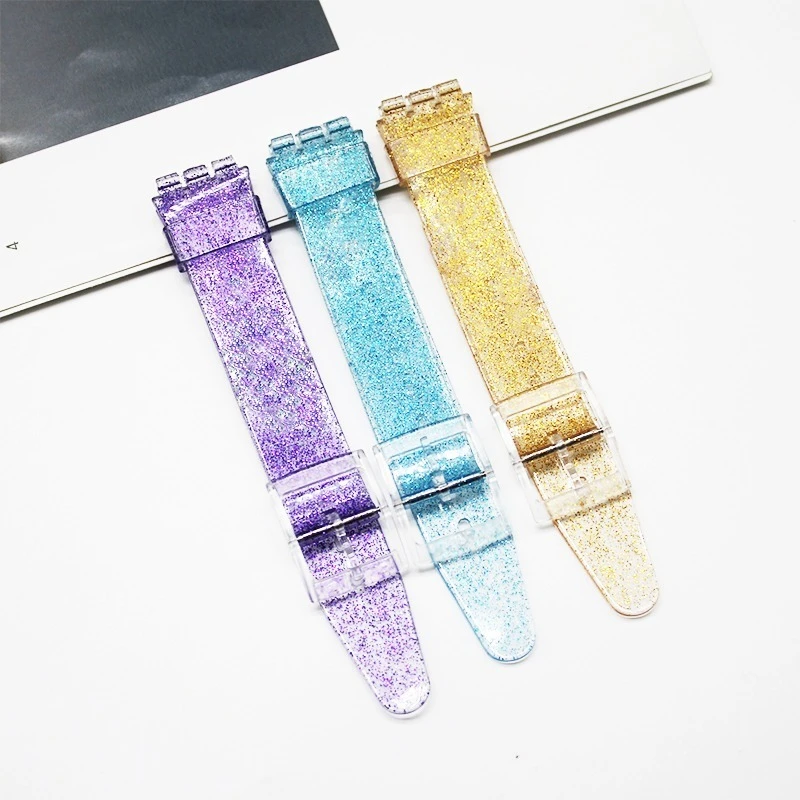 17mm 19mm New Shiny Glitter Silicone Strap Transparent Flash for Swatch SUOB704 Rubber Watchband Waterproof Bling Bracelet