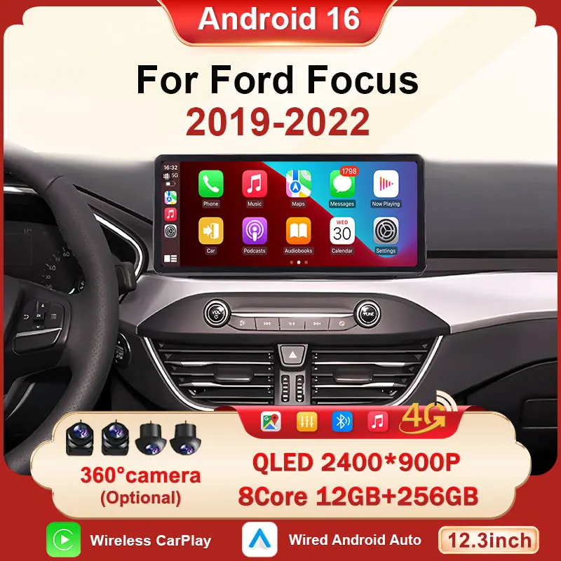 Wireless Carplay Android 16 Auto GPS Navigation Bluetooth WIFI DSP 12.3 Inch For Ford Focus 2019 - 2022 Multimedia Plyaer Stereo