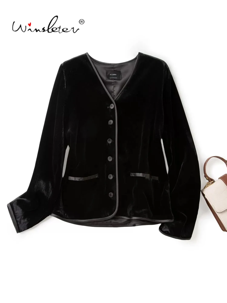 Winsleter-Silk Velvet Elegant Coat, O Neck Long Sleeve, Women Retro Versatile OL Commute Loose Suit, 2026 Autumn New C69539CC