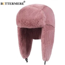 BUTTERMERE Fur Caps Women Bomber Hats Pink Winter Hat Russian Female Thicker Warm Solid Soft Windproof Ear Flap Ushanka Hat 2024