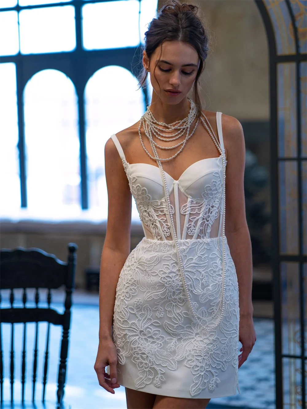 ชุดแต่งงานทรงเอไลน์สไตล์วินเทจลายลูกไม้แบบกำหนดเองจากกิวโต สายเดี่ยวแบบสปาเก็ตตี้ คอร์เซ็ท พร้อมกระโปรงแบบถอดได้ ชุดราตรีสำหรับงานพิธีการ