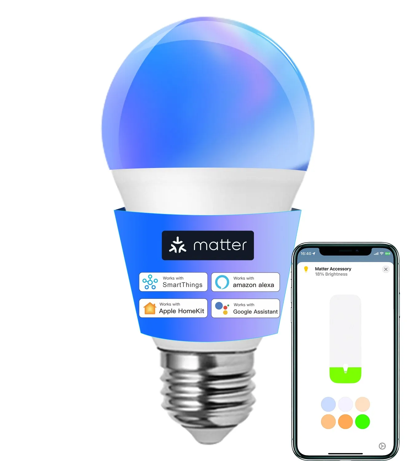 Lâmpada inteligente Corunsmart Matter, RGB, E26, Wi-Fi, LED, Smart Home, funciona com Alexa, Google Home, Apple Homekit, SmartThings, Siri