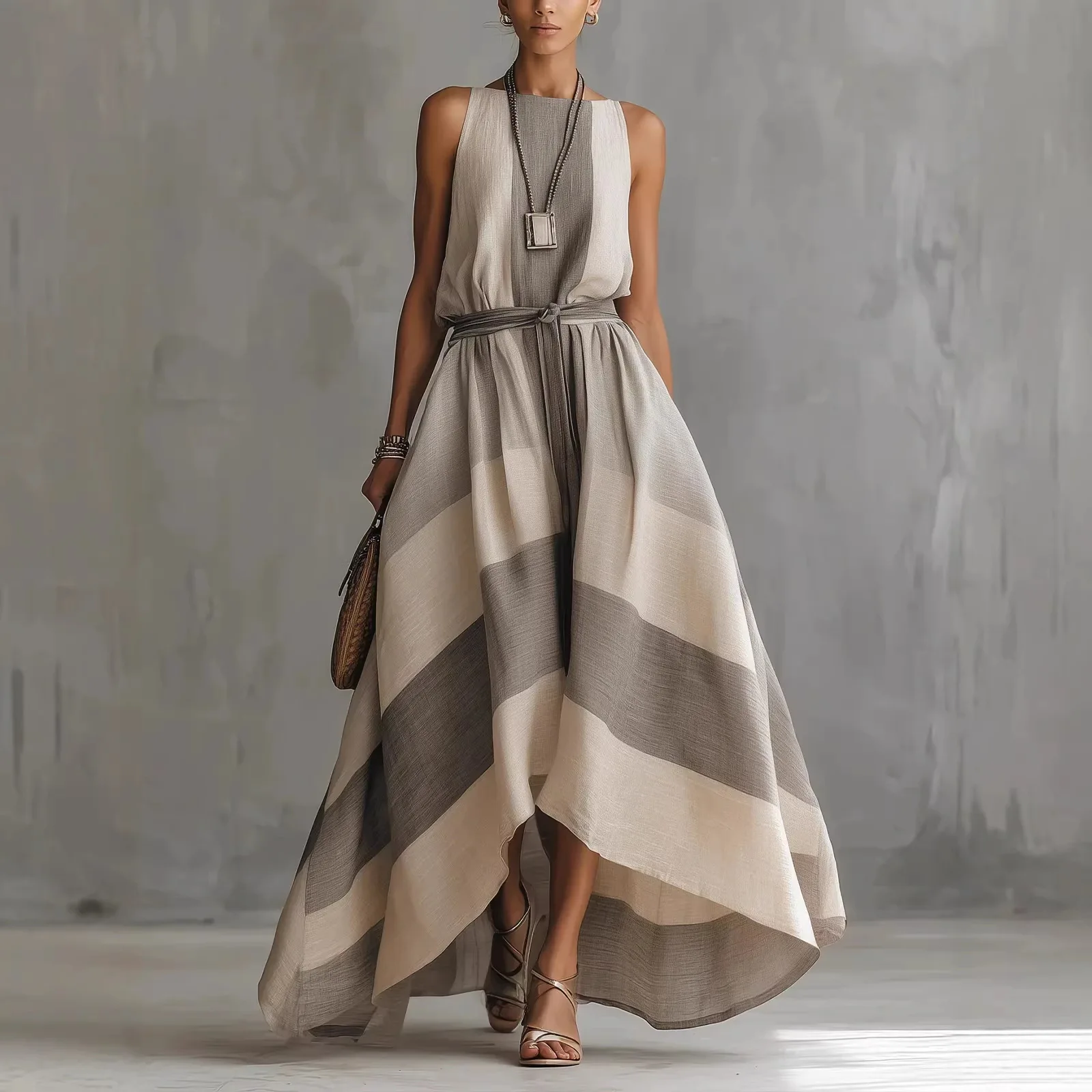 

Sleeveless Gray Striped Fashion Dress Women Round Neck Belted High Low Maxi Dress Elegant Long Strappy Dress Casual Boho Outfit