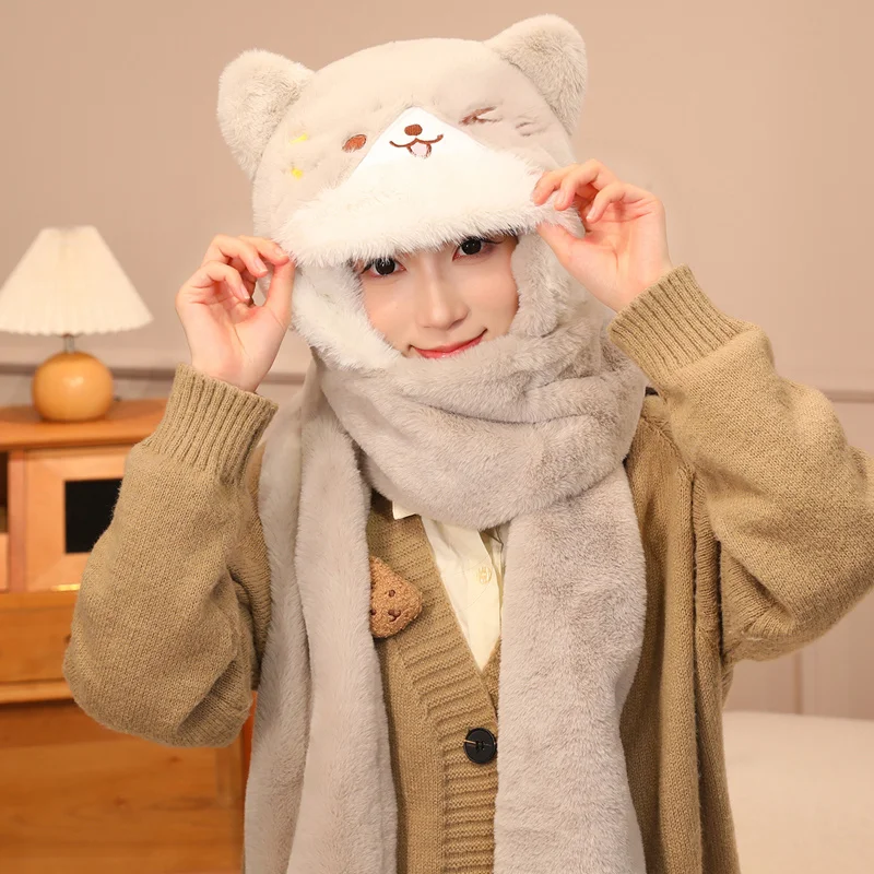 ชุดหมวก ผ้าพันคอ ถุงมือ 3-in-1 สำหรับผู้หญิง ผ้าพลัฌขนสัตว์สำหรับฤดูหนาว ผ้าคลุมศีรษะแบบมีฮู้ดสำหรับสุนัขและแมว ผ้าพันคอขนฟู อุปกรณ์เสริมสำหรับกันหนาว เหมาะสำหรับเล่นสกีและสโนว์บอร์ด