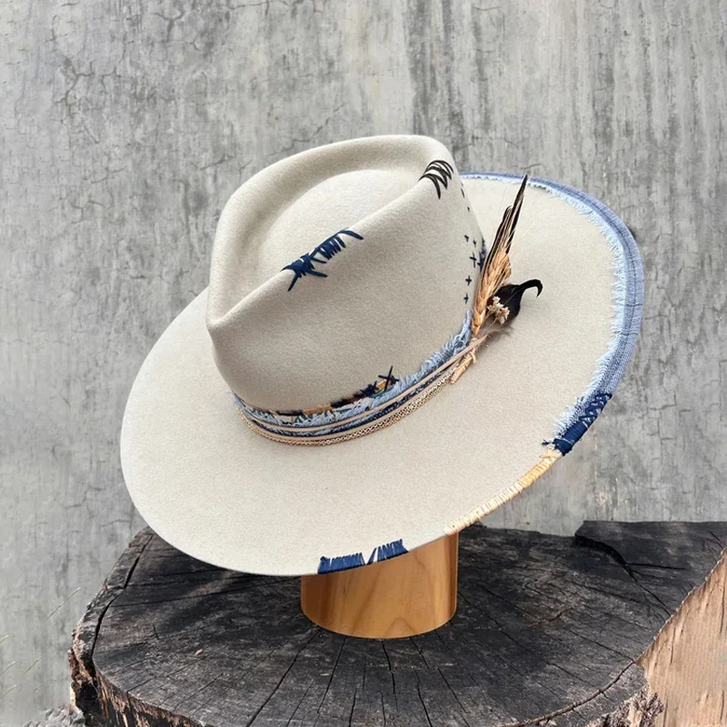 

Western Style 100% Wool Fedora Hat | Braided Ribbon & Feather Trim Felted Jazz Cap for Autumn/Winter​