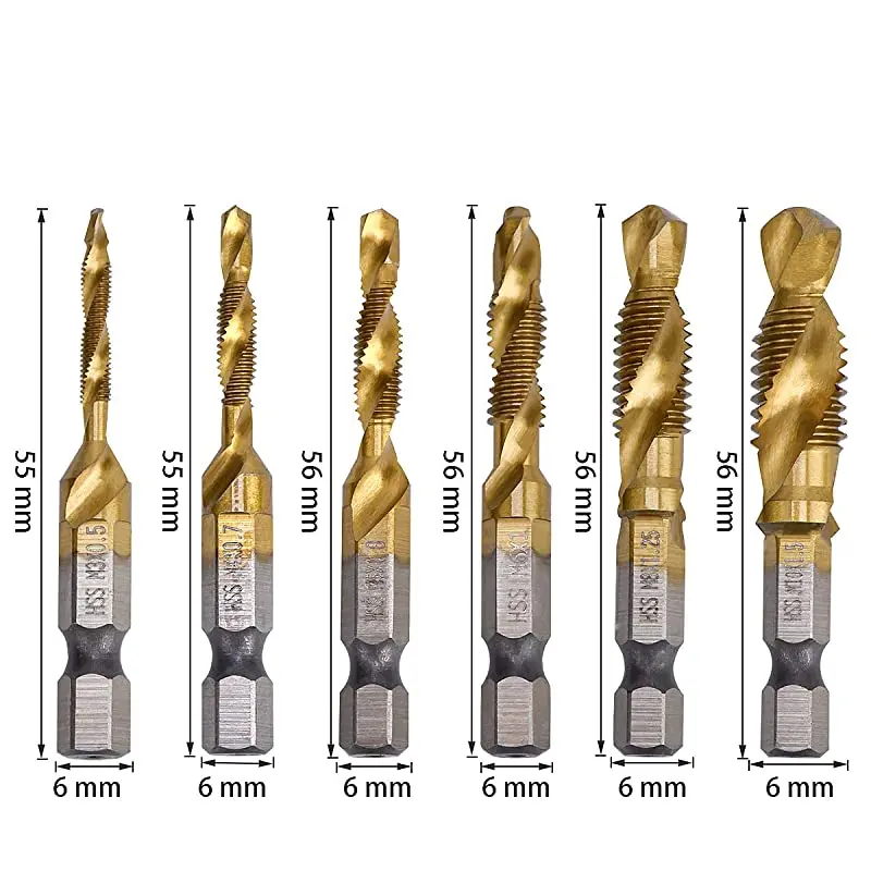 6/1 pçs torneira brocas hex shank máquina torneiras de mão titânio revestido hss perfuração torneira bits rosca metal ferramentas para trabalhar madeira