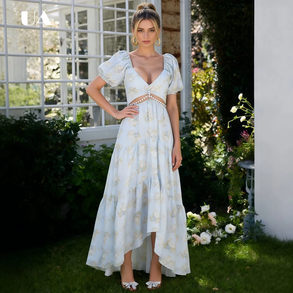 

ULBYANRY Elegant Printed High-low Pearl Long Dress with Puff Sleeves, Romantic V-neck Ruched Maxi Dress, Fashionable Party Gown