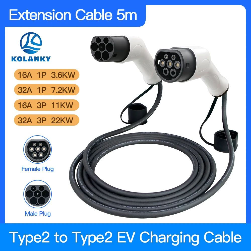 Type 2 Male to Type 2 Femal 32A 7.2KW EV Charging Cable Extend For Public Station Use Connect Eletric Vehicle Hybrid 5M