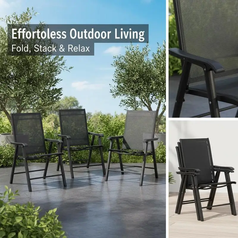 Set of 4 Outdoor Folding Chairs, Stackable Patio Dining Chairs with Armrests, Metal Frame, Black